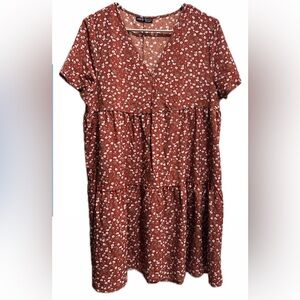 SHEIN Rust Red Floral V-Neck Dress